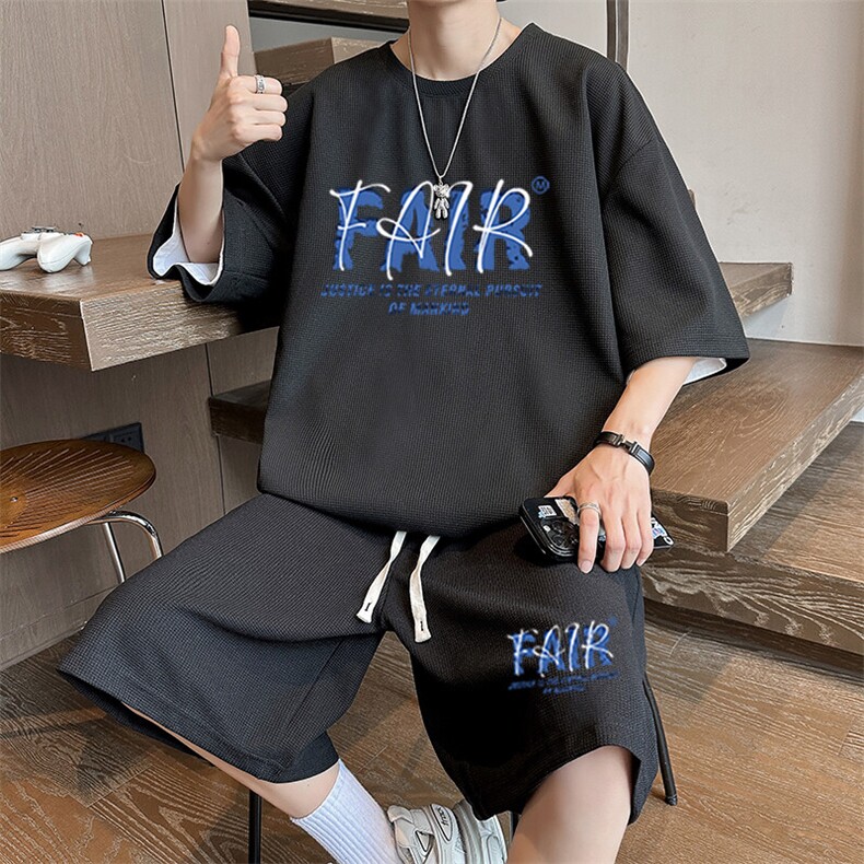华夫格短袖t恤男士夏季薄款宽松速干休闲套装青少年夏天运动短裤,男装牛仔裤,星座1904A-1