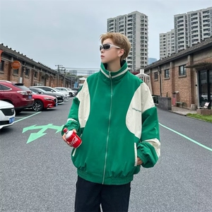 拼接撞色外套男春秋季街头美式潮牌痞帅嘻哈机车风衣运动夹克图片
