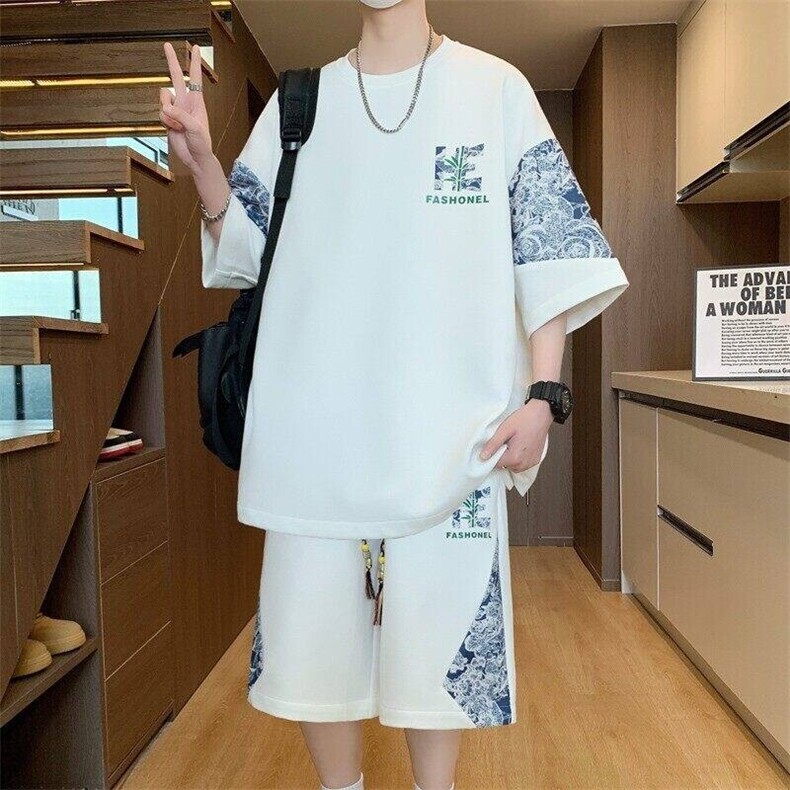 TZ25303-P55夏季休闲T恤短裤男两件套 港风学生宽松短袖运动套装图片