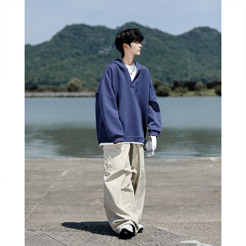 8XL-M叠穿假两件卫衣重磅连帽V领拼接套头衫宽松大码外套WY006P65,男装卫衣,电商B312