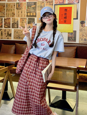 韩系减龄红格子套装裙女夏2025新款字母印花t恤半身格子裙两件套，女装套装/套裙，浙宝220