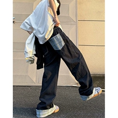美式格子拼接卷边牛仔裤男女阔腿直筒宽松长裤NZ43，男装牛仔裤，星座1116A（原606A-3）