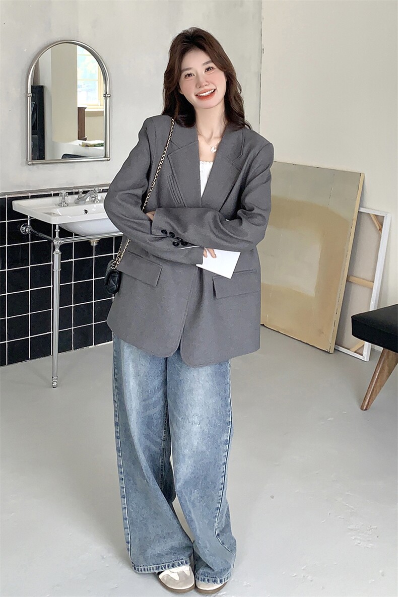 灰色休闲西装外套女2025春季新款韩系高级感宽松显瘦通勤时尚西服,女装西装,秋水欣儿