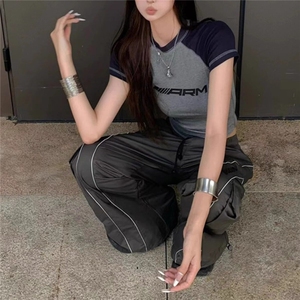 美式复古装饰线休闲裤男女宽松拖地直筒微喇叭线条撞色运动裤潮图片
