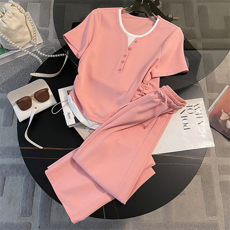 欧韩时尚洋气套装女夏季新款设计感粉色简约假两件上衣长裤两件套，女装套装/套裙，江南