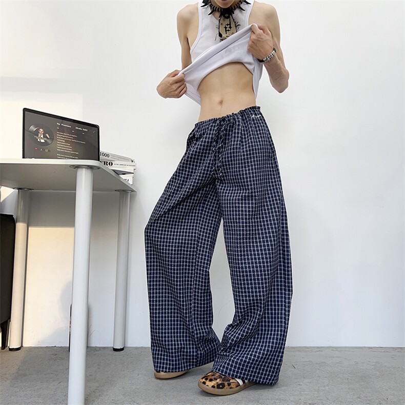 蓝色韩版木耳边格子休闲裤男女2026夏季新款直筒显瘦宽松阔腿裤,男装休闲裤,星座410-6（原星座1304-1）
