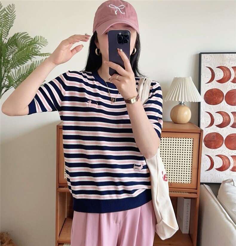 2025年新款短款上衣条纹短袖T恤女装夏装冰丝针织打底衫半袖,女装T恤,臻纶羊绒