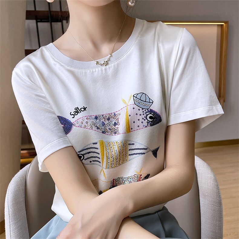 重磅真丝t恤女短袖印花桑蚕丝白色圆领小衫2024夏装半袖短款上衣,女装T恤,兴泰羊绒