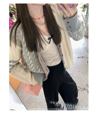 新款灰色麻花不对称开衫时尚百搭，女装针织衫/毛衣，兰叶羊绒