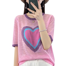 薄款针织衫夏新款竹节麻短袖上衣女爱心宽松减龄圆领亚麻拼色T恤，女装针织衫/毛衣，大美人包芯纱店