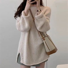 秋季新款宽松显瘦时尚百搭粗针开叉针织衫女，女装羊毛衫，恒恩羊绒