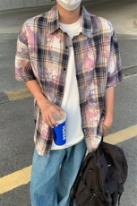 美式扎染格子衬衫短袖男女同款夏季衬衣半袖外套DC2240-特价P25，男装衬衫，电商A007