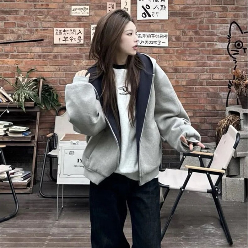 抖音得物高品质二开26春装美式重磅宽松结构双面连帽卫衣外套W68,女装短外套,电商A486-1
