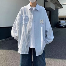 设计感小众条纹拼接长袖衬衫男秋季新款潮牌学院风情侣上衣外套，男装衬衫，星座1013