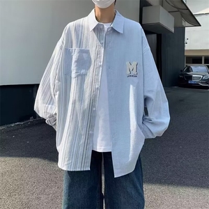 设计感小众条纹拼接长袖衬衫男秋季新款潮牌学院风情侣上衣外套图片