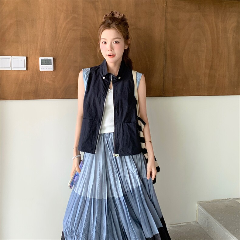 撞色拼接马甲百褶半身长裙子套装女夏2025新款时尚气质休闲两件套,女装套装/套裙,浙宝220
