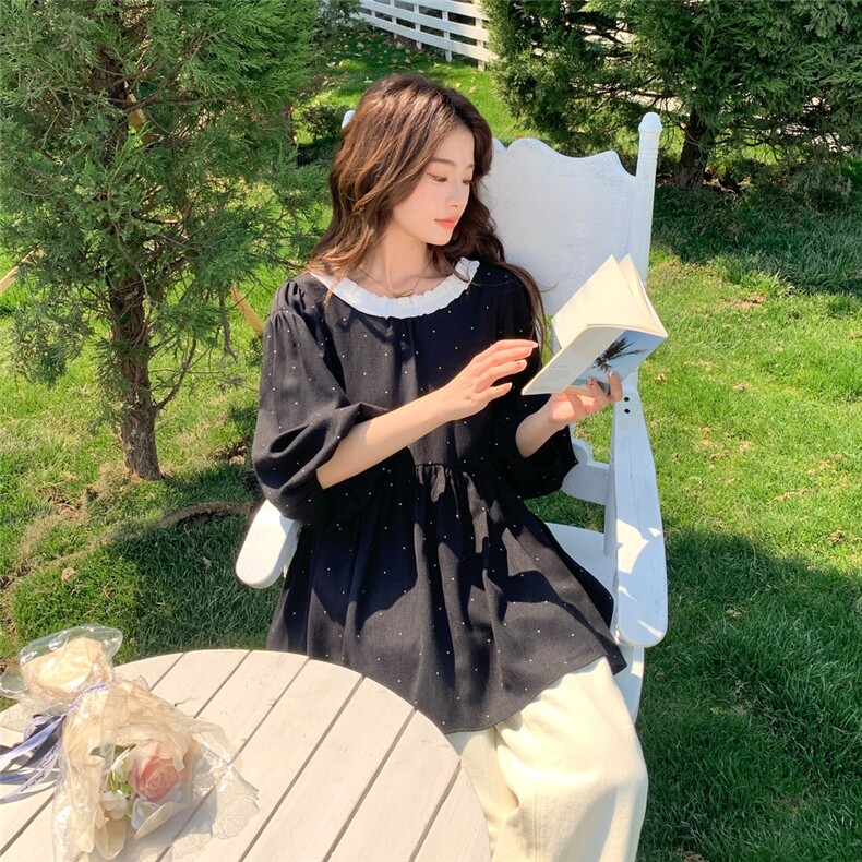 韩系百搭黑色波点上衣女2025夏季新款超好看宽松休闲显瘦圆领T恤,女装T恤,2D036