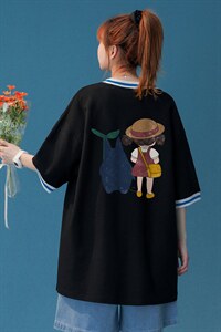 中性风  春夏新款宽松螺纹拼色卡通印花短袖T恤女T6879 P40控58图片