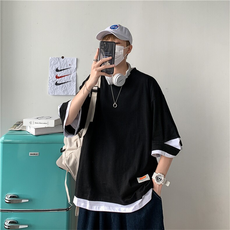 港风破洞T恤男宽松假两件短袖五分袖180g，X1213-T112-P35,男装T恤,星座1213
