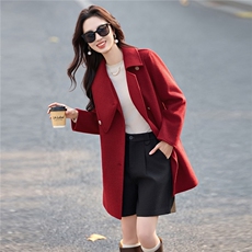 新款2025年冬季双旦新年主推款收腰中长款气质设计感毛呢外套，女装毛呢外套，乐吉娜