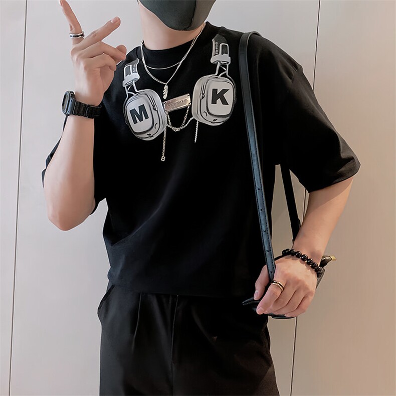 8964/特P78控108夏季社会小伙美式创意印花短袖T恤男黑首2,男装T恤,星座305B
