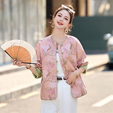 粉色新中式盘扣圆领外套女2025春秋新款精致提花休闲气质百搭上衣，女装短外套，依如秀(原杭风阁)
