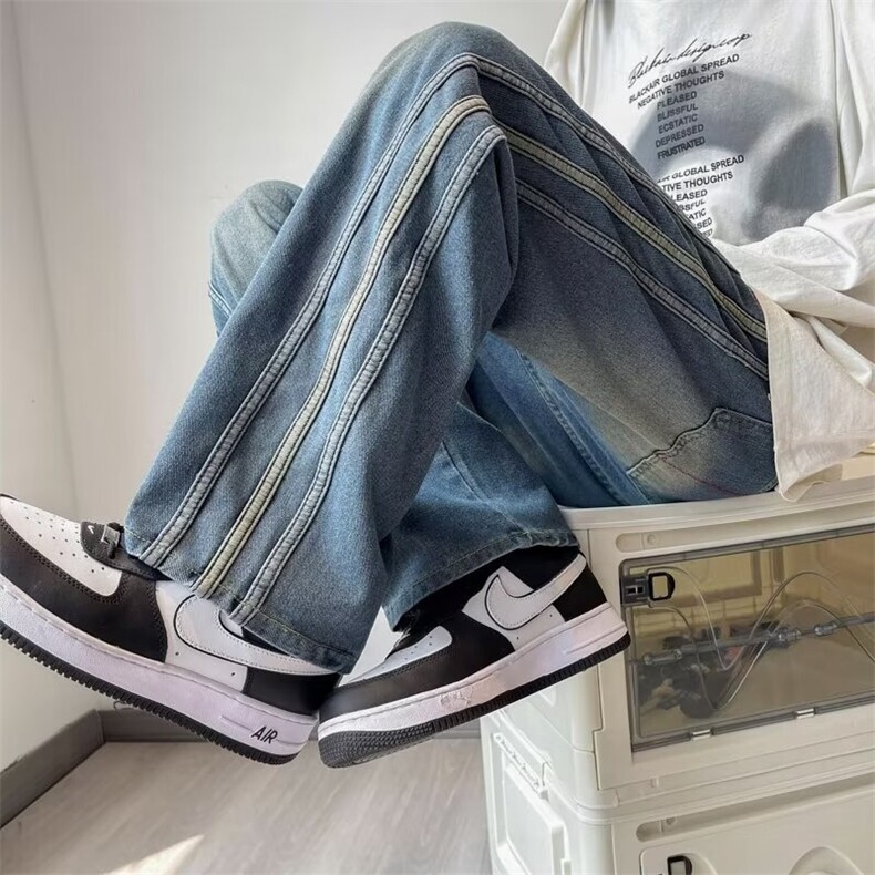 美式重磅高级感拼接设计牛仔裤男宽松高街阔腿垂感直筒裤长裤潮，男装牛仔裤，星座1013