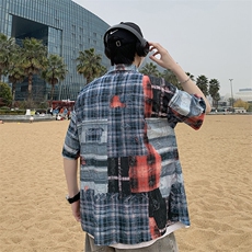 复古男款春秋夏季衬衫潮流宽松青年痞帅短袖破洞衬衣港风7224P45，男装衬衫，电商A056
