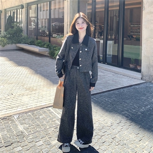 休闲撞色翻领短款毛呢长裙套装女春秋ootd穿搭两件套巨好看松弛感图片