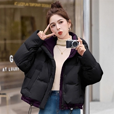 时尚撞色休闲连帽短款羽绒服女冬新款宽松加厚保暖白鸭绒外套，女装羽绒服，韩蔻秀