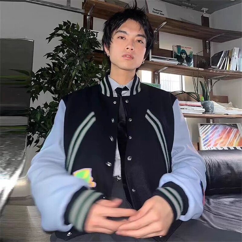 W9426-P75网图现货新款高街限定蓝袖短款拼接棒球服夹克外套,男装夹克,星座1608-2
