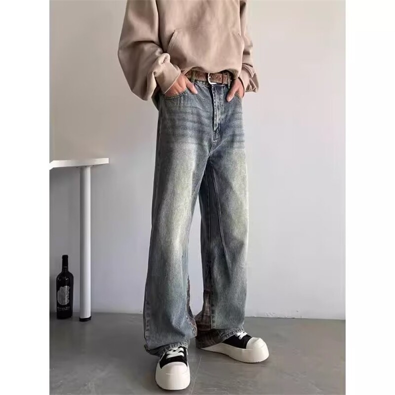 美式格子拼接微喇牛仔裤男款春秋复古高街宽松弯刀裤子RK3222-P46,男装牛仔裤,星座412-3