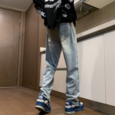 美式复古铆钉牛仔长裤男春款显瘦直筒微喇叭裤子高街潮牌，男装牛仔裤，星座410-6（原星座1304-1）