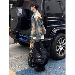 美式废土风扎染牛仔外套男欧美街头小众水洗做旧宽松短款工装夹克图片