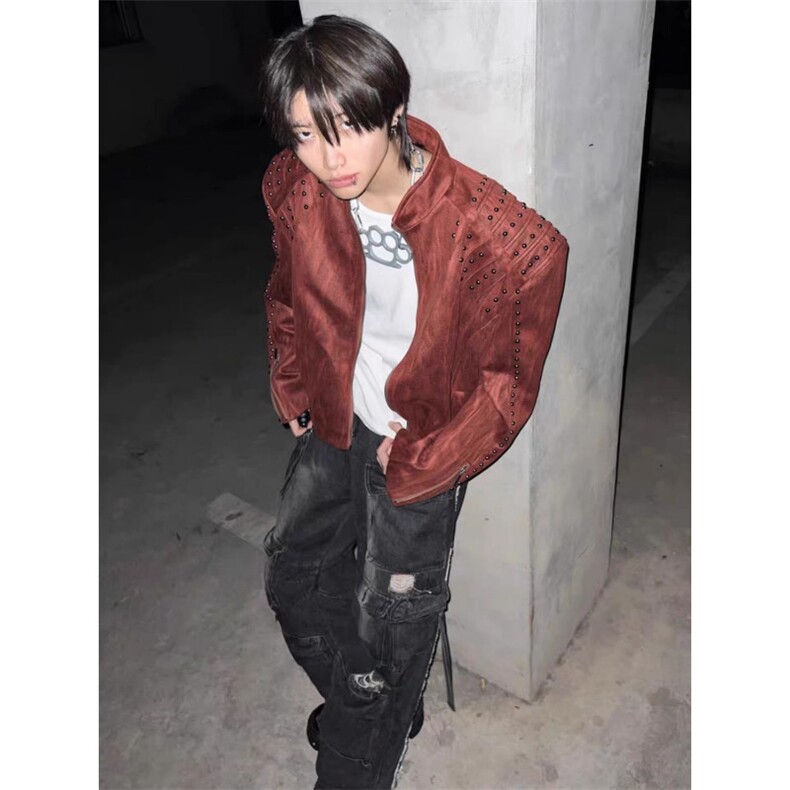 暗黑系朋克风PU皮纹理金属铆钉皮衣夹克男女款小众设计感上衣外套,男装夹克,星座506A