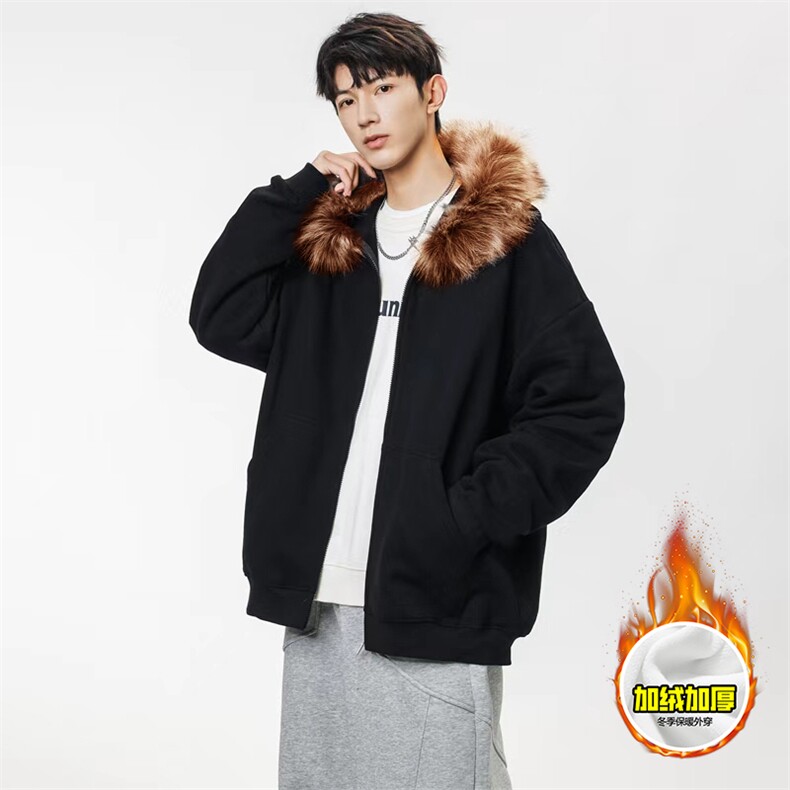 480G重磅加绒硬挺boxy秋冬美式高街超大毛领座山雕连帽卫衣厚外套，女装短外套，电商A486