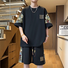 夏季拼接T恤两件套潮流短裤刺绣休闲运动套装男A266-TZ8807-P47，男装T恤，电商A266