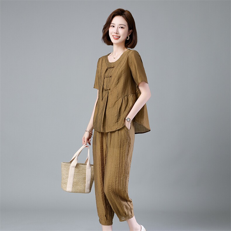现货2024新款夏季薄款盘扣小众设计圆领休闲时尚套装两件套,女装套装/套裙,深水步