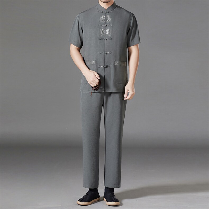 2022新款唐装中老年短袖套装夏装男装风汉服爷爷装短袖套装，男装中老年男装，钱塘723