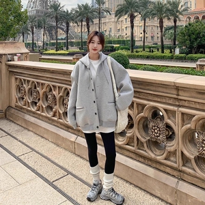 美式复古休闲连帽卫衣外套女秋冬季新款设计感宽松长袖开衫上衣图片