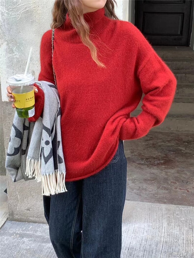 时尚百搭经典加厚卷边高领羊毛衫显瘦修身红色长袖毛衣,女装羊毛衫,圣旺供货