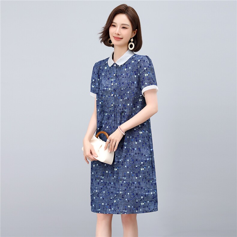 2025年夏季优雅气质碎花娃娃领时尚休闲碎花连衣裙,女装连衣裙,依恋蒂丝
