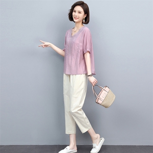 夏季套装女2025年新款中年妈妈装时尚洋气时髦百搭夏装休闲两件套图片