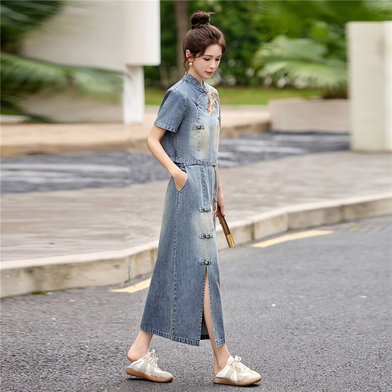 现货主推2026年夏季新款女装时尚气质刺绣新中式牛仔套裙,女装套装/套裙,关键词