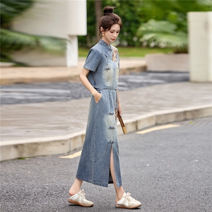 现货主推2026年夏季新款女装时尚气质刺绣新中式牛仔套裙图片