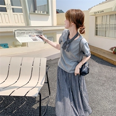 灰色气质减龄格纹拼接T恤半身裙套装两件套女夏学院风穿搭一整套，女装套装/套裙，2C135