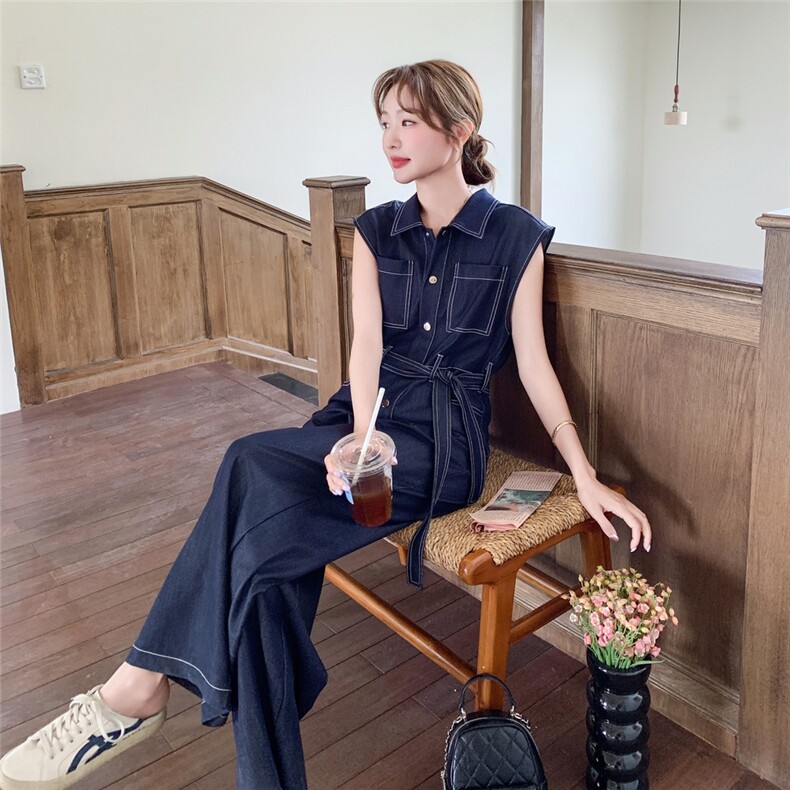 港风复古深蓝色无袖牛仔连体裤女2025夏气质显瘦高腰工装风连衣裤，女装连体裤，印象茜