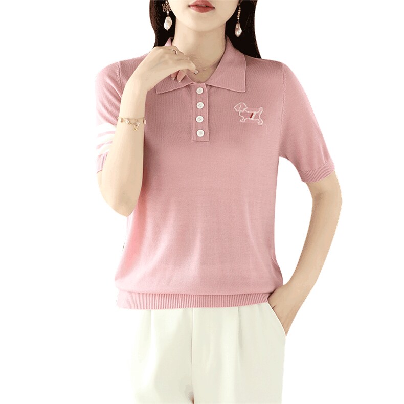 2025春夏新POLO领四粒扣袖口色道短袖女减龄休闲气质百搭亲肤T恤,女装T恤,德尔信羊绒