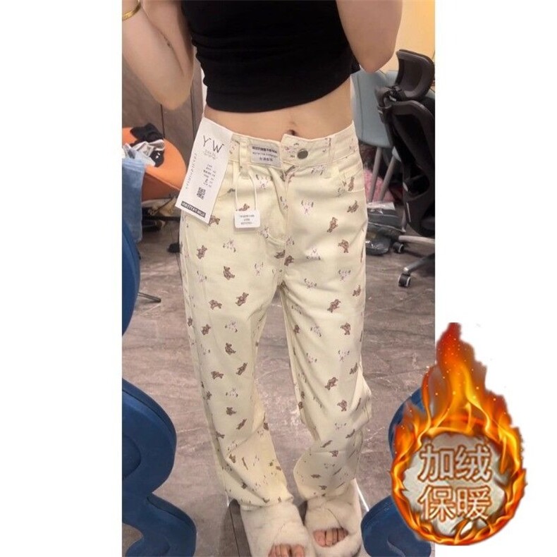 美式复古小熊印花直筒牛仔裤女秋冬加绒小众设计感宽松显瘦阔腿裤,男装牛仔裤,星座506A