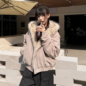 现货高品质美式高街冬季重磅硬挺短款座山雕毛领棉衣男女加厚外套图片